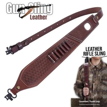Leather Rifle Sling Two Point Sling Leather Gun Sling with Ammo Holder Adjustable Gun Strap Traditional Sling with Swivels Brown